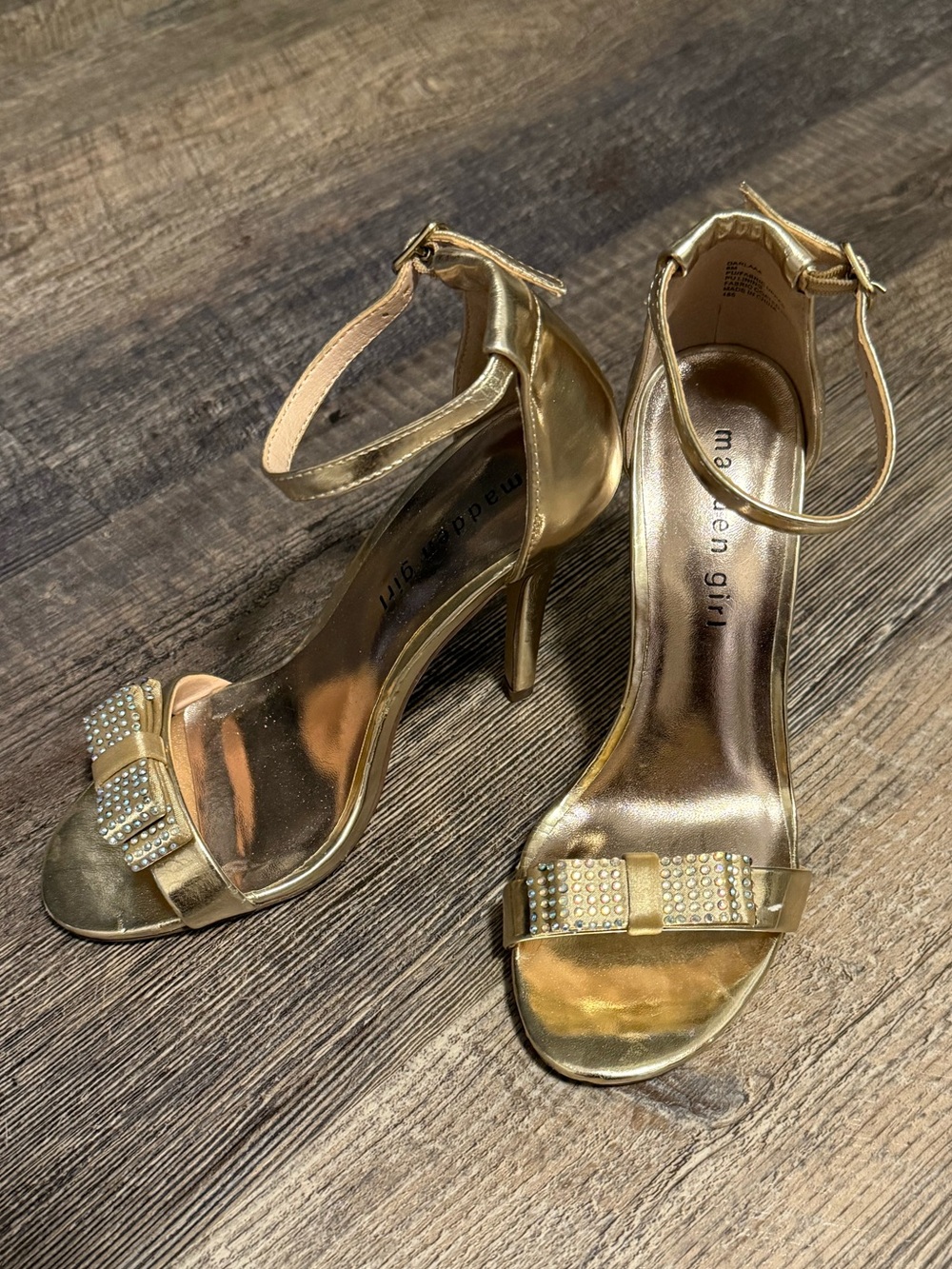 Madden Girl Metallic Gold Ankle-Strap Heels with Crystal Bow Accent